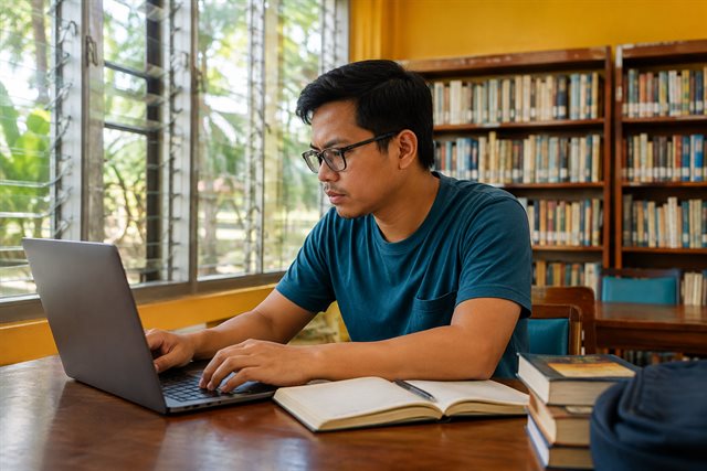A man researching on a laptop at a library workspace